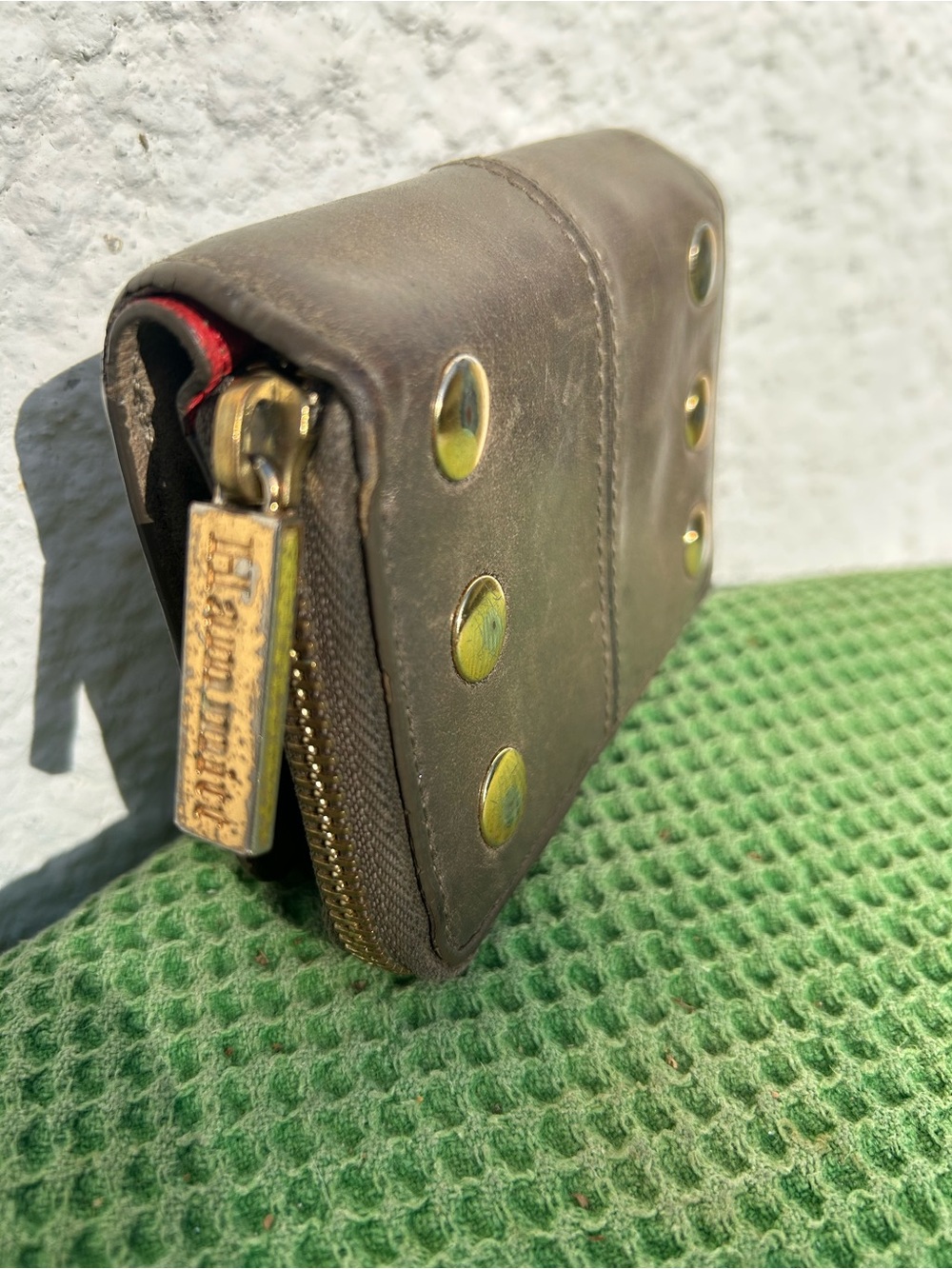Hammitt Brown Leather Coin Wallet with Gold Studs and Red Trim